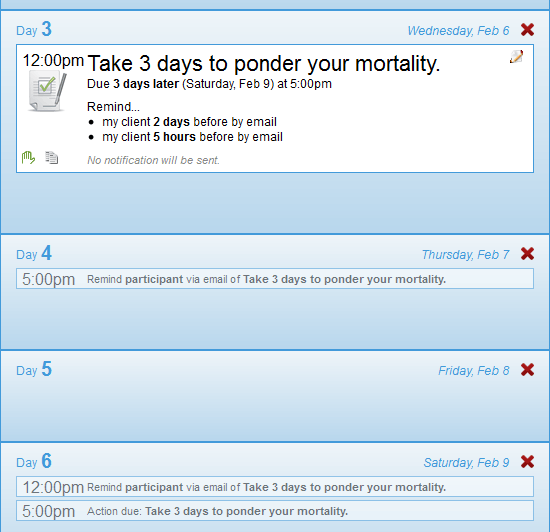 A given action assignment with 2 reminders shows up 4 times on the timeline.