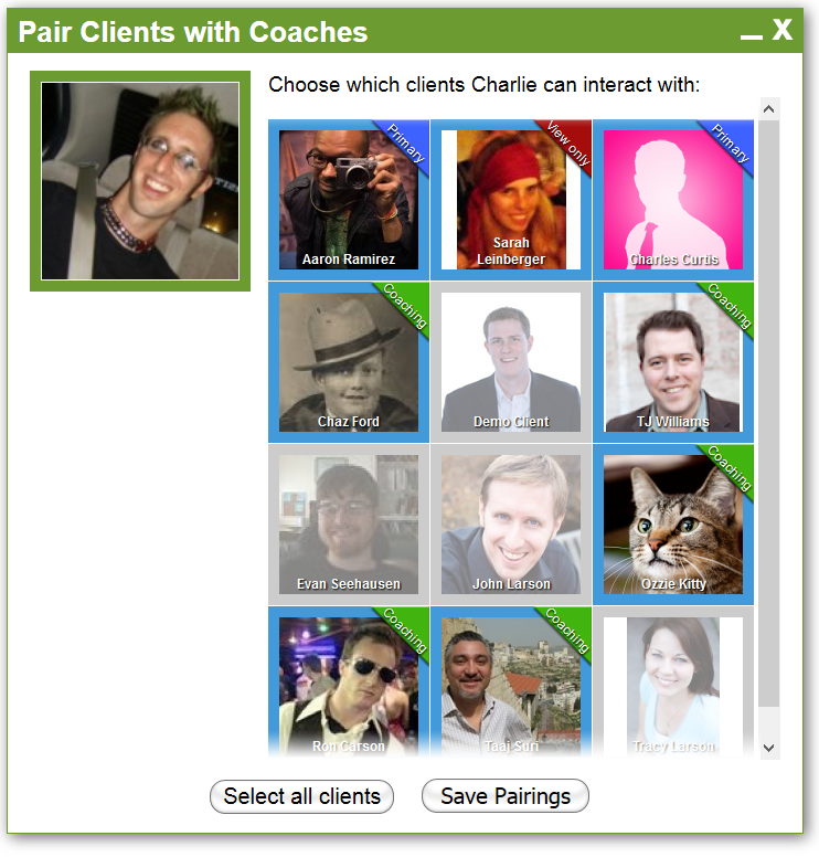 Looks like Charlie is coaching 7 clients and has view-only access to Sarah.
