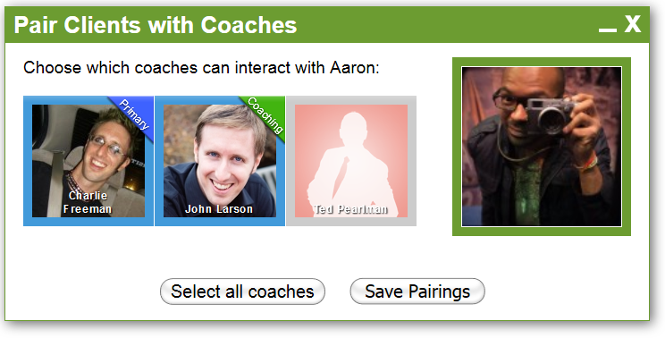 Charlie and John are coaching Aaron (Charlie's the primary), and Ted has no access at all.