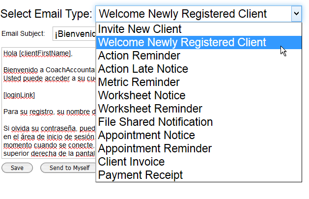 All of these emails that CA will send to your clients on your behalf can be rewritten in the language of choice.