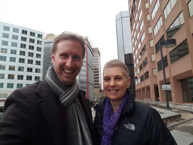 A lovely shot of us on the 16th Street mall--no selfie stick required.