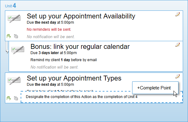 Marking "Set up your Appointment Types" complete has this course move on, even if the participant hasn't completed the bonus Action item.
