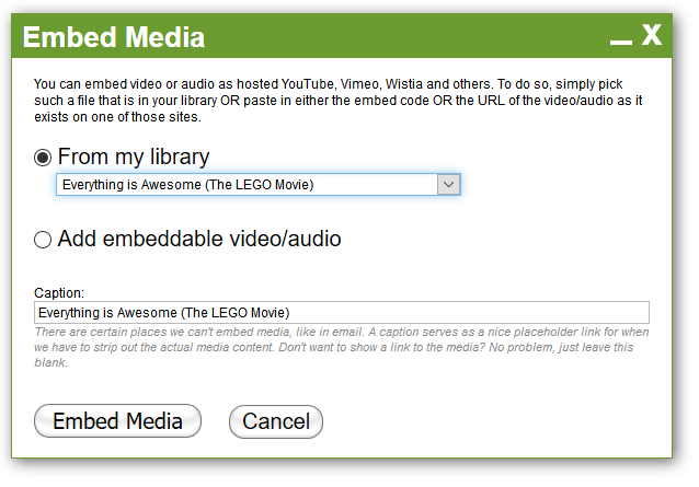 Choose from your library (if you got any embeds there) or specify a new one.