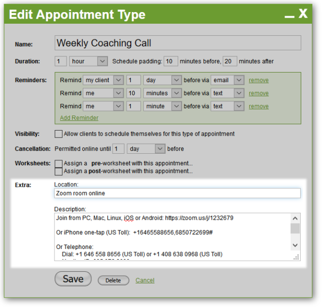 In this example we have web and dial-in access information for a web-based meeting.