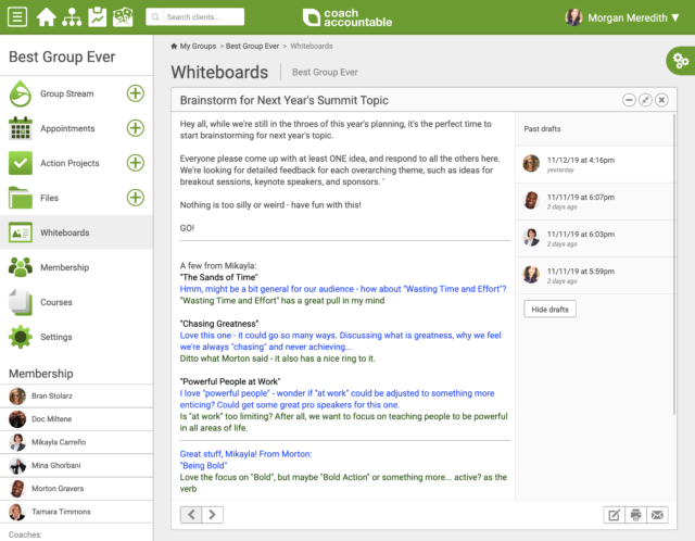 See drafts of a Group Whiteboard in CoachAccountable's coaching software