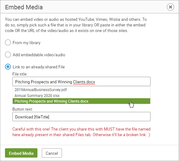 Inserting a link to an already-shared file